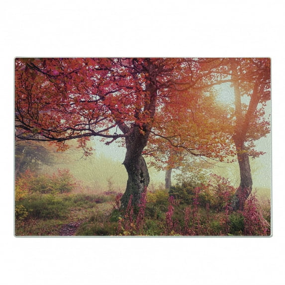 Forest Cutting Board, View in the Foggy Forest with Sun Beams and Fall Leaves Picture, Decorative Tempered Glass Cutting and Serving Board, Small Size, Red Brown, by Ambesonne