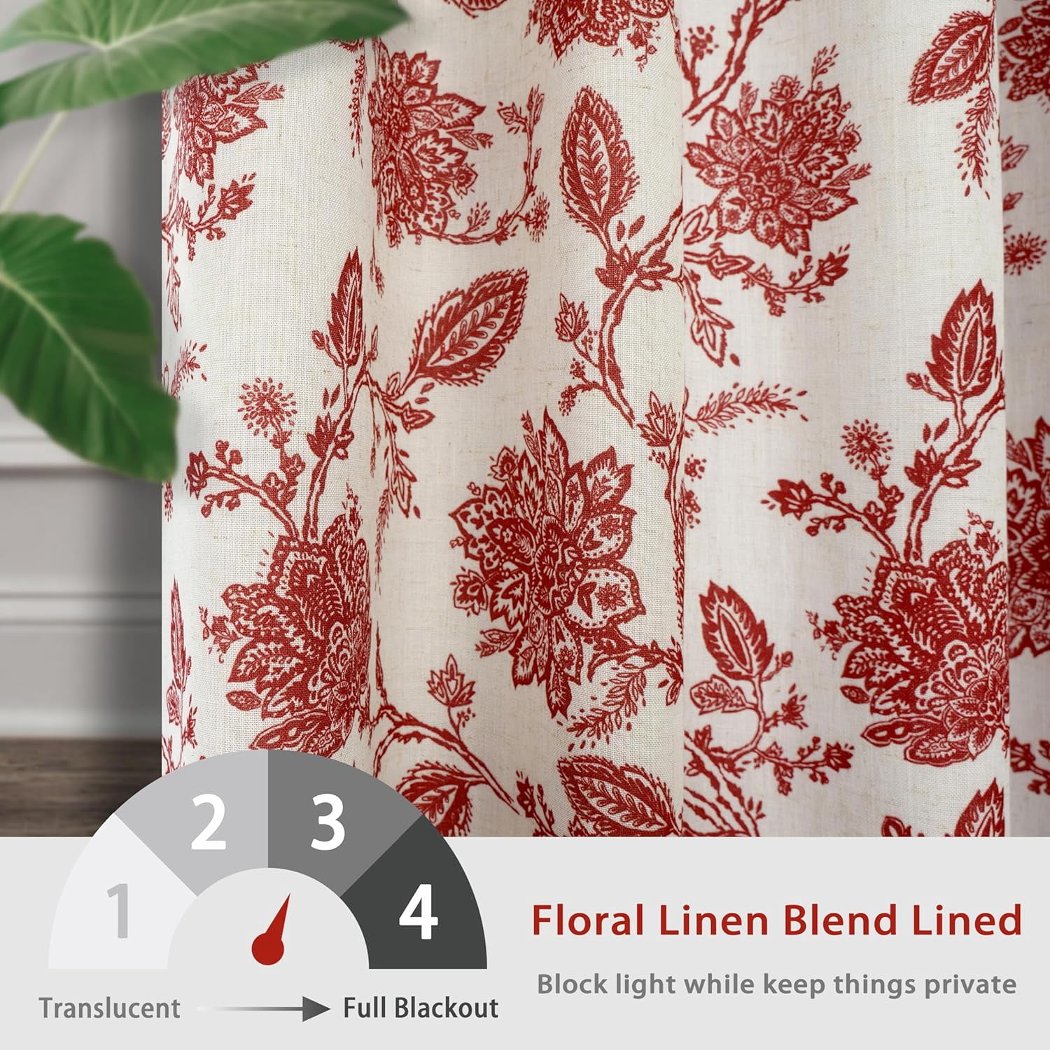DriftAway Freda Jacobean Floral Linen Blend Lined Thermal Insulated Room Darkening Blackout Grommet Window Curtains 2 Layers 2 Panels Each 52 Inch by 84 Inch Red Beige
