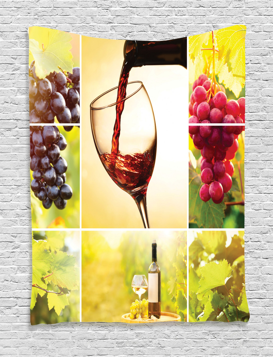 Wine Tapestry, Habitat Collage with Pouring Wine Bottle and Leaves Farm