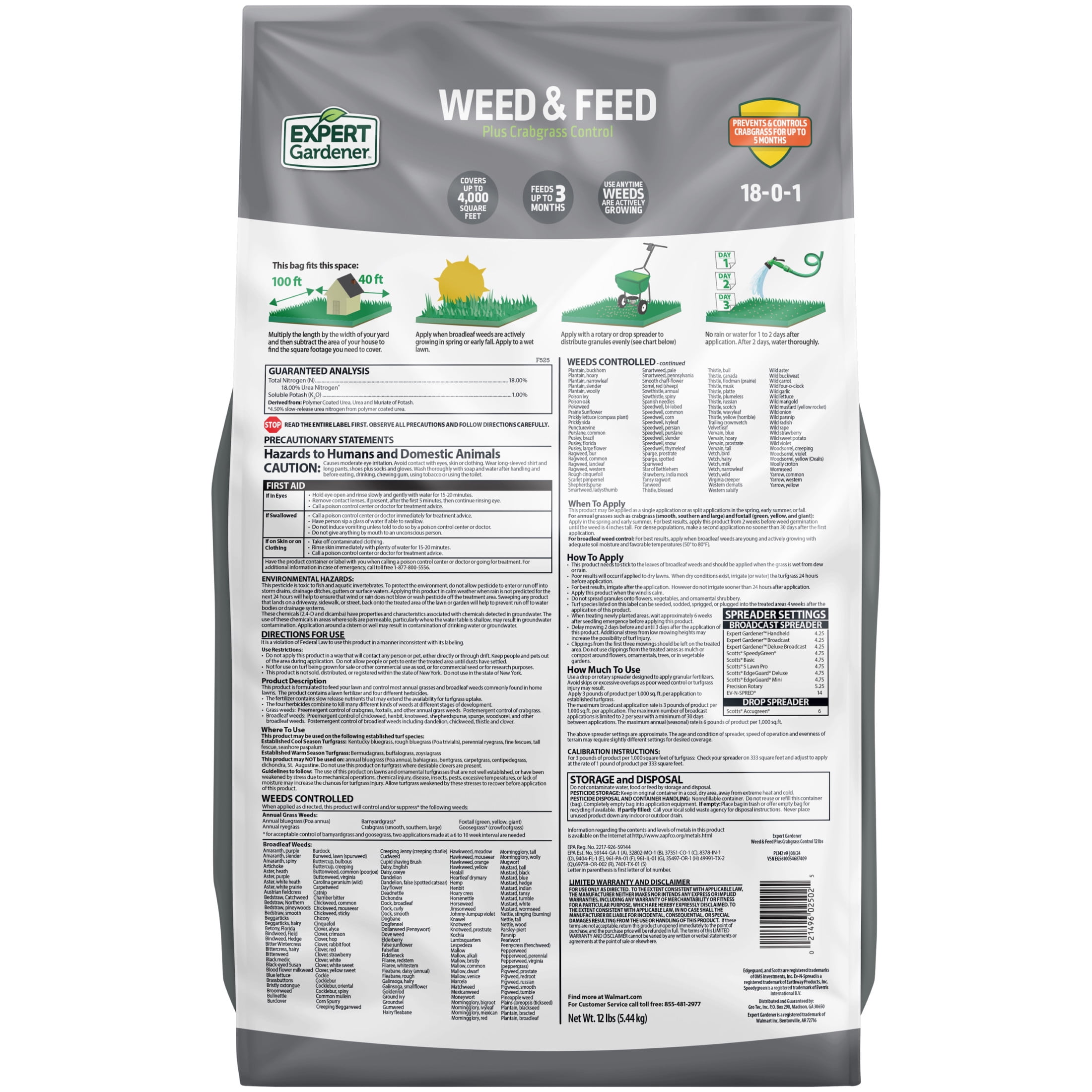 Expert Gardener Weed & Feed Plus Crabgrass Control, Lawn Fertilizer 18-0-1, 12 lb. Prevents up to 5 Months