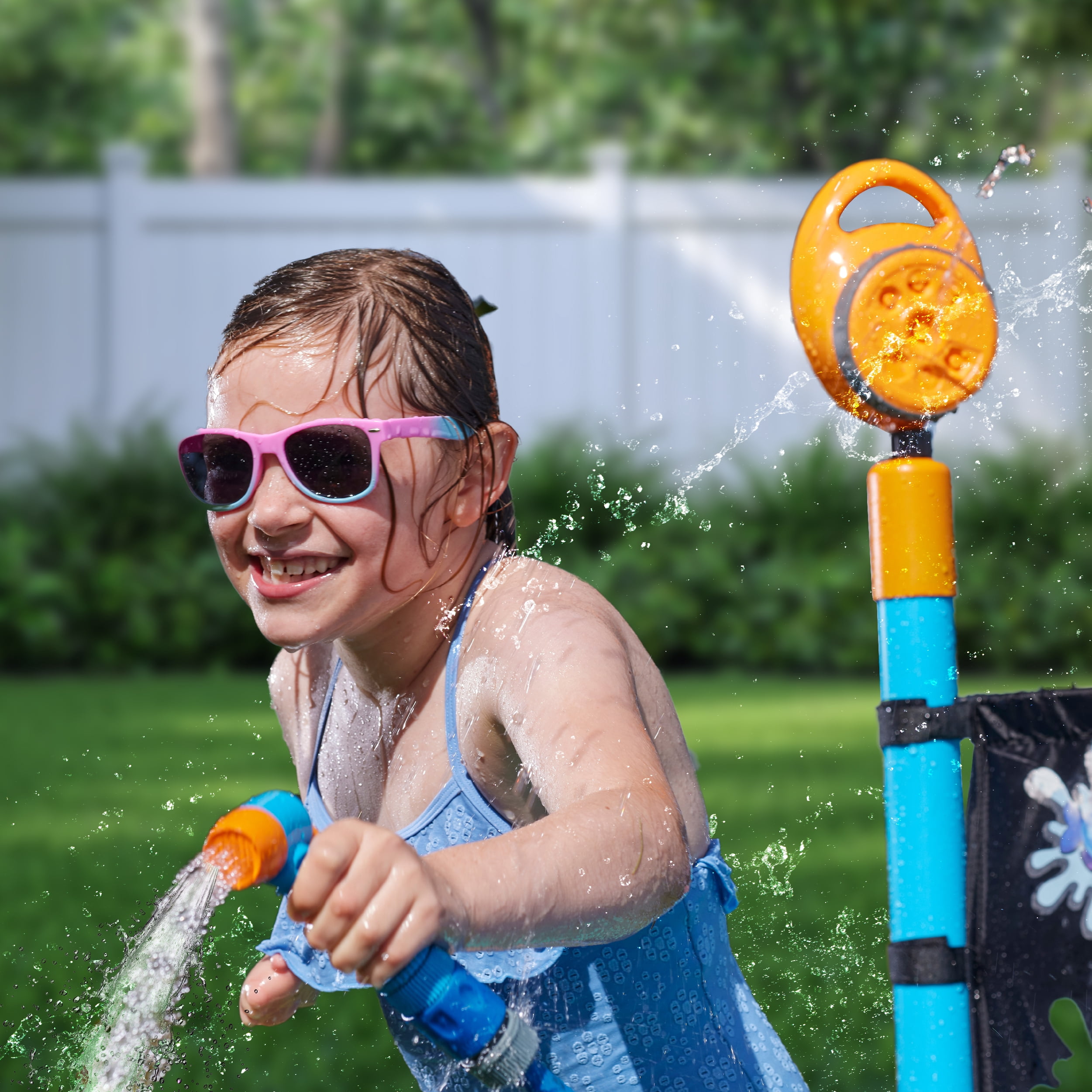 Plum Play Kids Outdoor Water Slide Play Equipment - with Built-in Toy Sprinklers, Backyard Waterpark with Bubble Blower, Coloring Wall 3 Years+, Up to 220 lbs (Shower Tower)