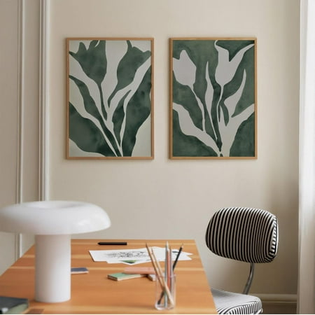 UNFFRAMED Green Botanical Print Set Of 2, Japandi Wall Art Posters, Unminimalist Leaf Silhouettes, Organic Modern Wabi Sabi Home Decor #330 Set 2 Prints 16x24