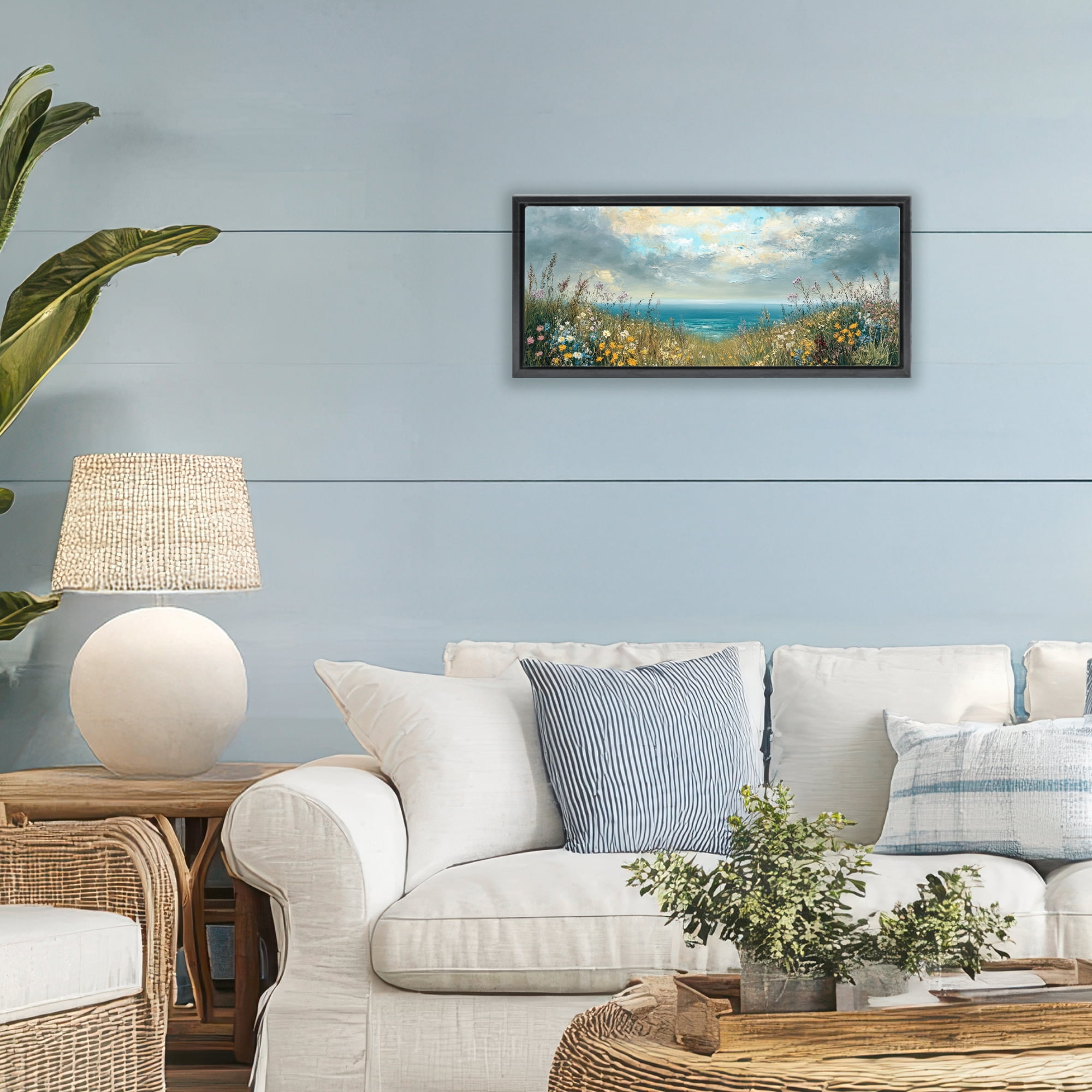 Stupell Industries Scenic Coastal Flowers In Bloom Black Framed Floater Canvas Wall Art, design by Petal Prints Design