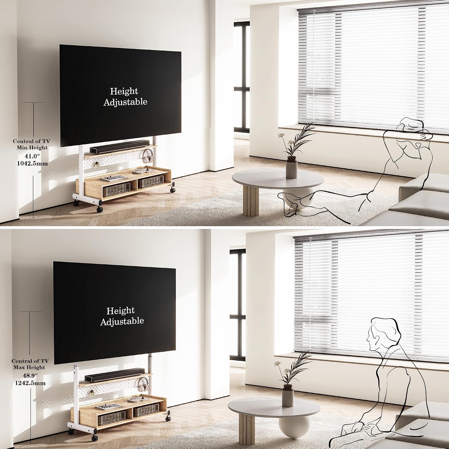 FITUEYES Rolling TV Stand for 70–100 Inch TVs, White & Light Wood, Wood Shelf & Pegboard
