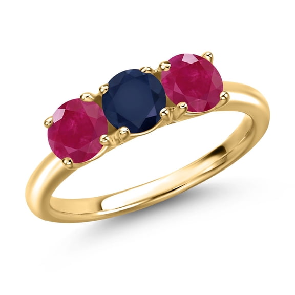 Gem Stone King 18K Yellow Gold Plated Silver Blue Sapphire and Red Ruby Engagement Ring for Women | 1.70 Cttw | Round 5MM | Gemstone September Birthstone | Size 7