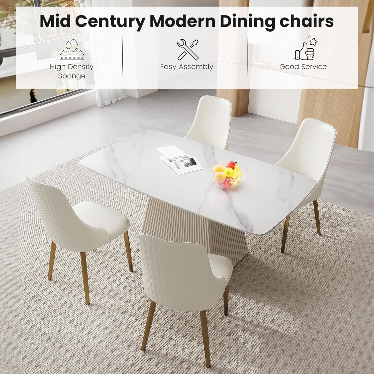 Montary Contemporary Dining Chairs Set of 2 - White PU Leather w/Gold Legs, Ergonomic Back Support for Kitchen & Dining Room (Stripes)