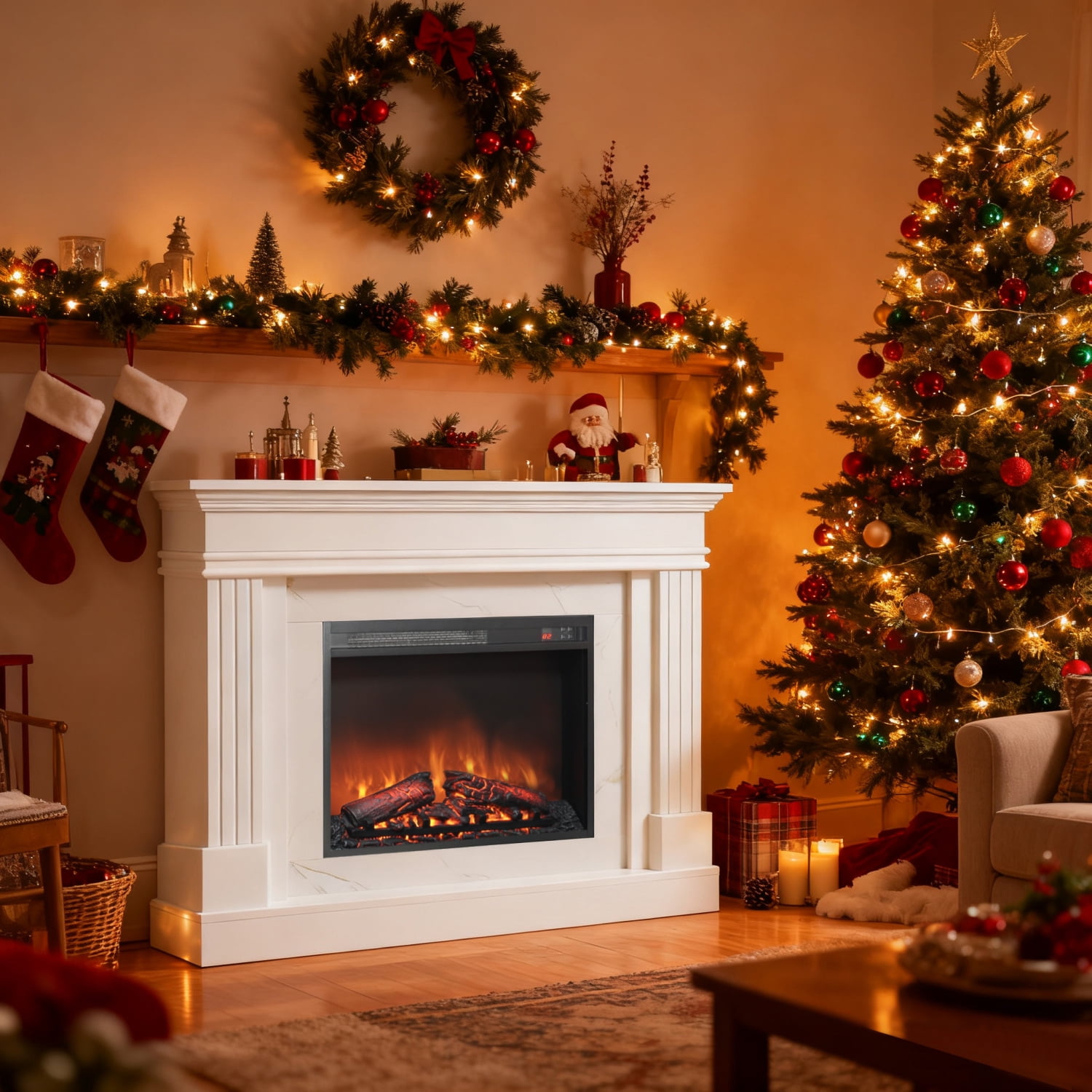 Lisonu 44" Nordic White Electric Fireplace Mantel with Realistic 3D Flame, Faux Stone Texture Surround & Remote Control for Cozy Living Room Decor