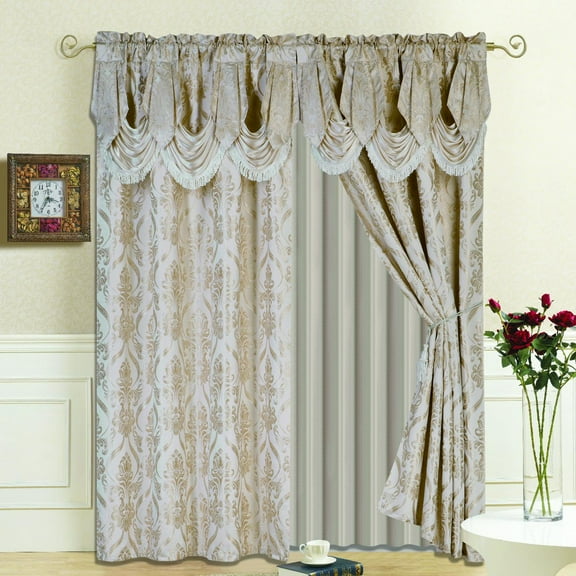 All American Collection New 4 Piece Drape Set with Attached Valance and Sheer with 2 Tie Backs Included