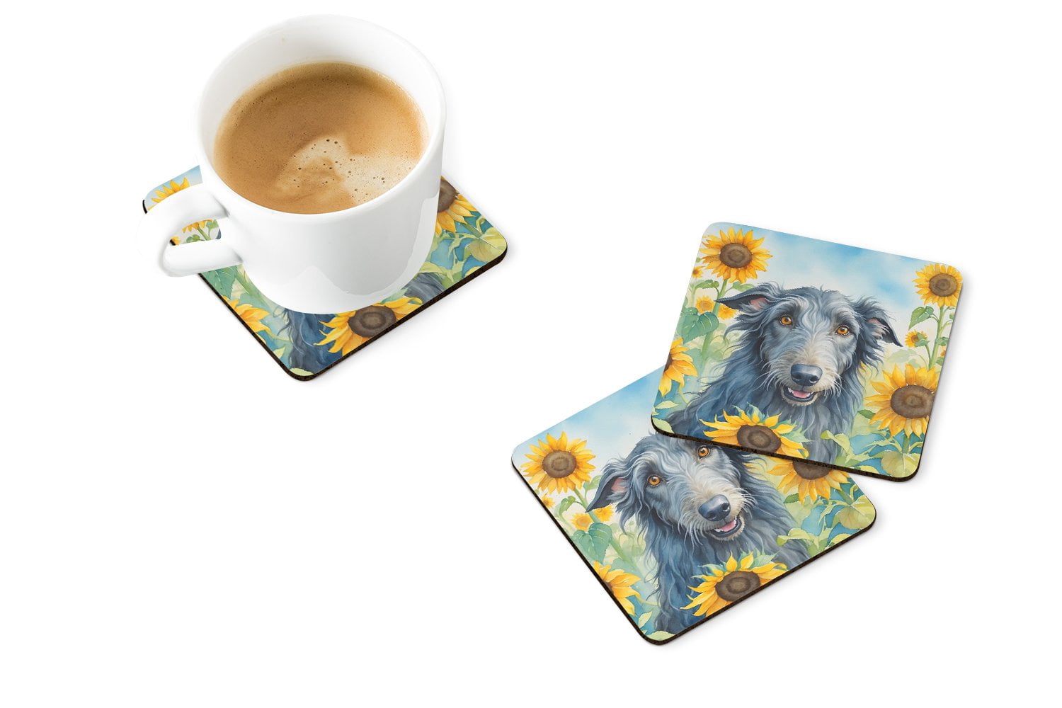 Scottish Deerhound in Sunflowers Foam Coasters 3.5 in x 3.5 in