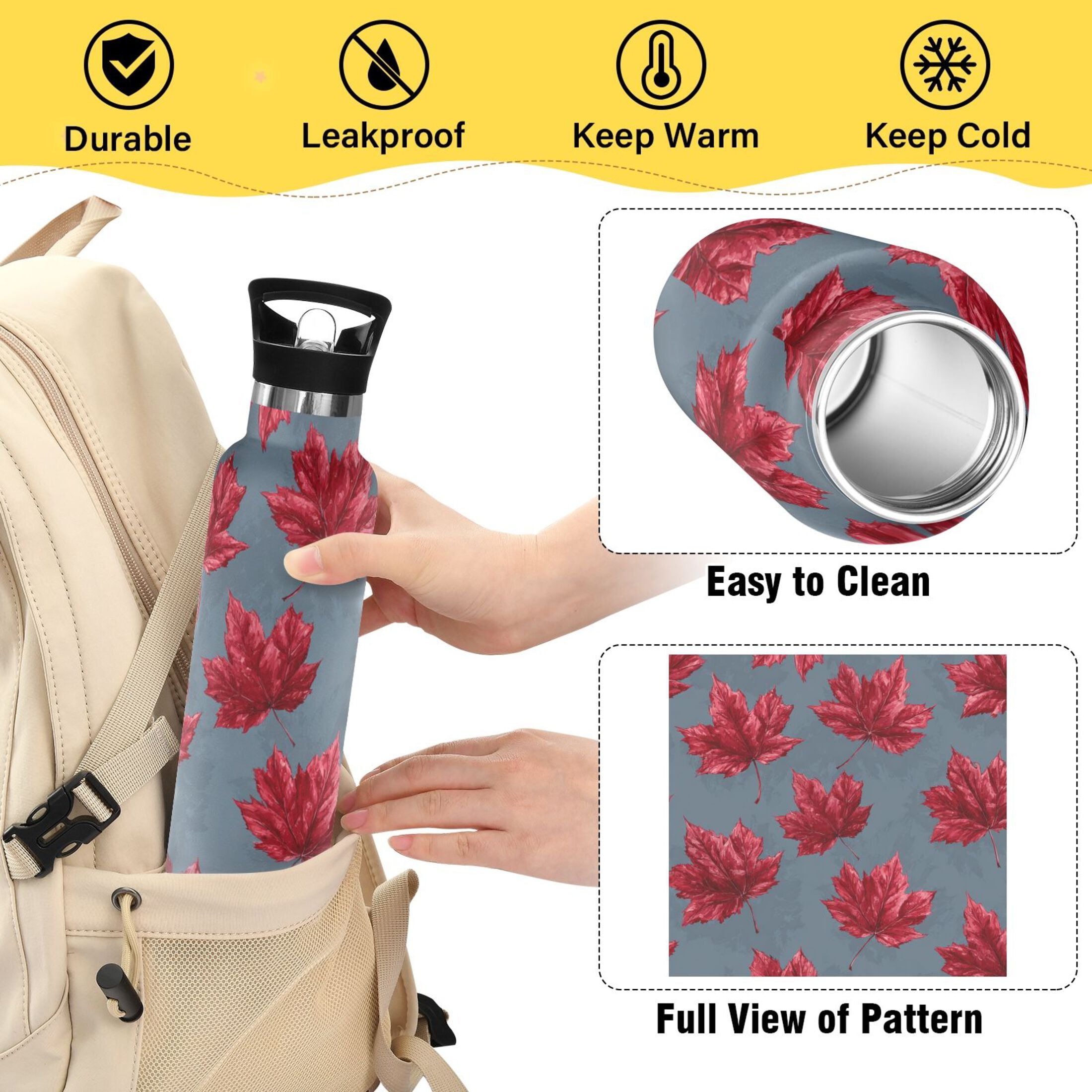 600ML Stainless Steel Insulated Cup Sports Water Bottle Portable Thermos Cup Water Glasses Insulated Tumblers Convenient and Durable Red Maple Leaf Cute