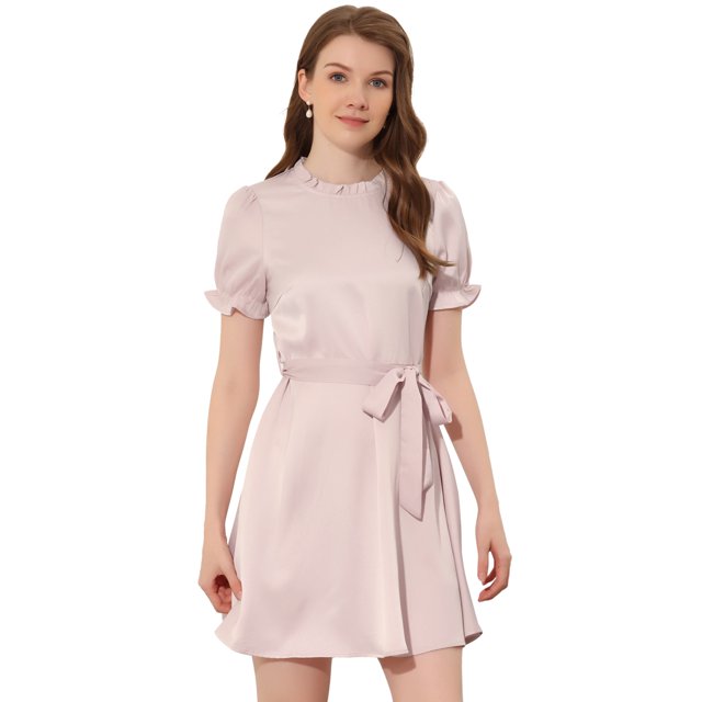 INSPIRE CHIC Robe Satinée à Manches Courtes Bouffantes pour Femme, Col Montant à Volants, Taille à Nouer, Rose G