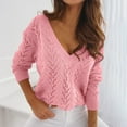 thumbnail image 2 of Elainilye Fashion Women Long Sleeve Top V-Neck Solid Color Hollow Out Recreational Thin Pullover Top Sweatshirt Tops,Pink, 2 of 9