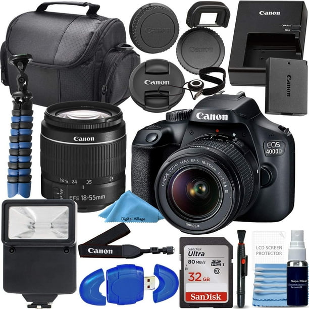 Canon EOS 4000D w/ 1855mm F/3.55.6 III Lens + 32GB SD Card + Flash