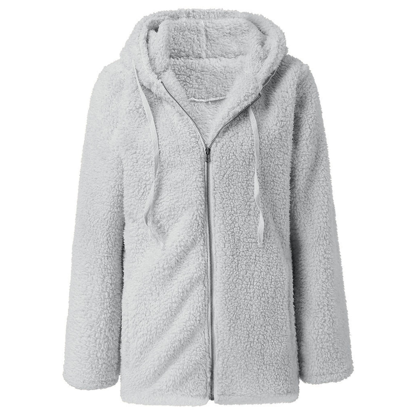 Women's New Hooded Sherpa Jacket Women Casual Winter Fluffy Warm Soft Coat Zip Up Hooded Sweatshirt Jacket Coat Outwear