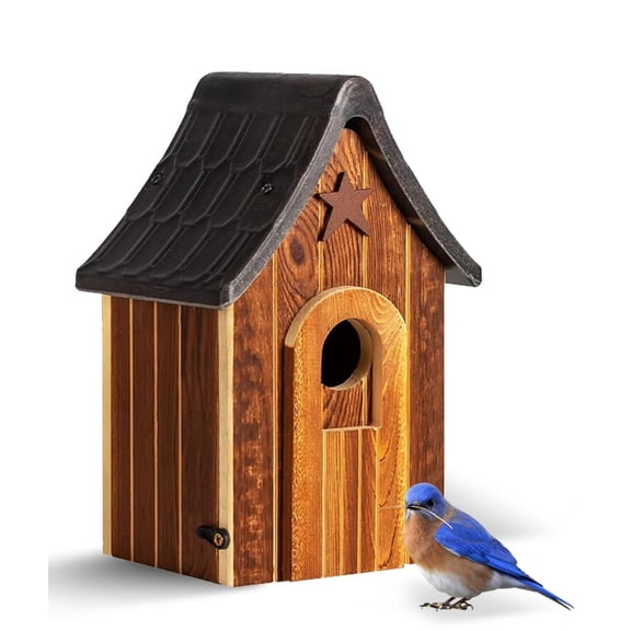 Water Proof Bluebird Bird Houses for Outside, 1.5" Entrance with Landing Perch Guard, Rustic Patriot Style, Squirrel Proof Composite Material Bird House for Outdoor, HDPE Roof 10 Years Weatherable