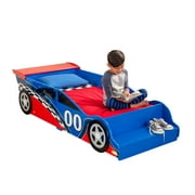 KidKraft Wooden Racecar Toddler Bed with Built-In Bench and Bed Rails - Red and Blue