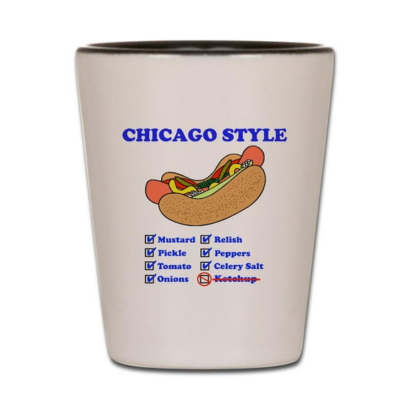 CafePress - Chicago Style Hotdog - White/Black Shot Glass, Unique and Funny Shot Glass