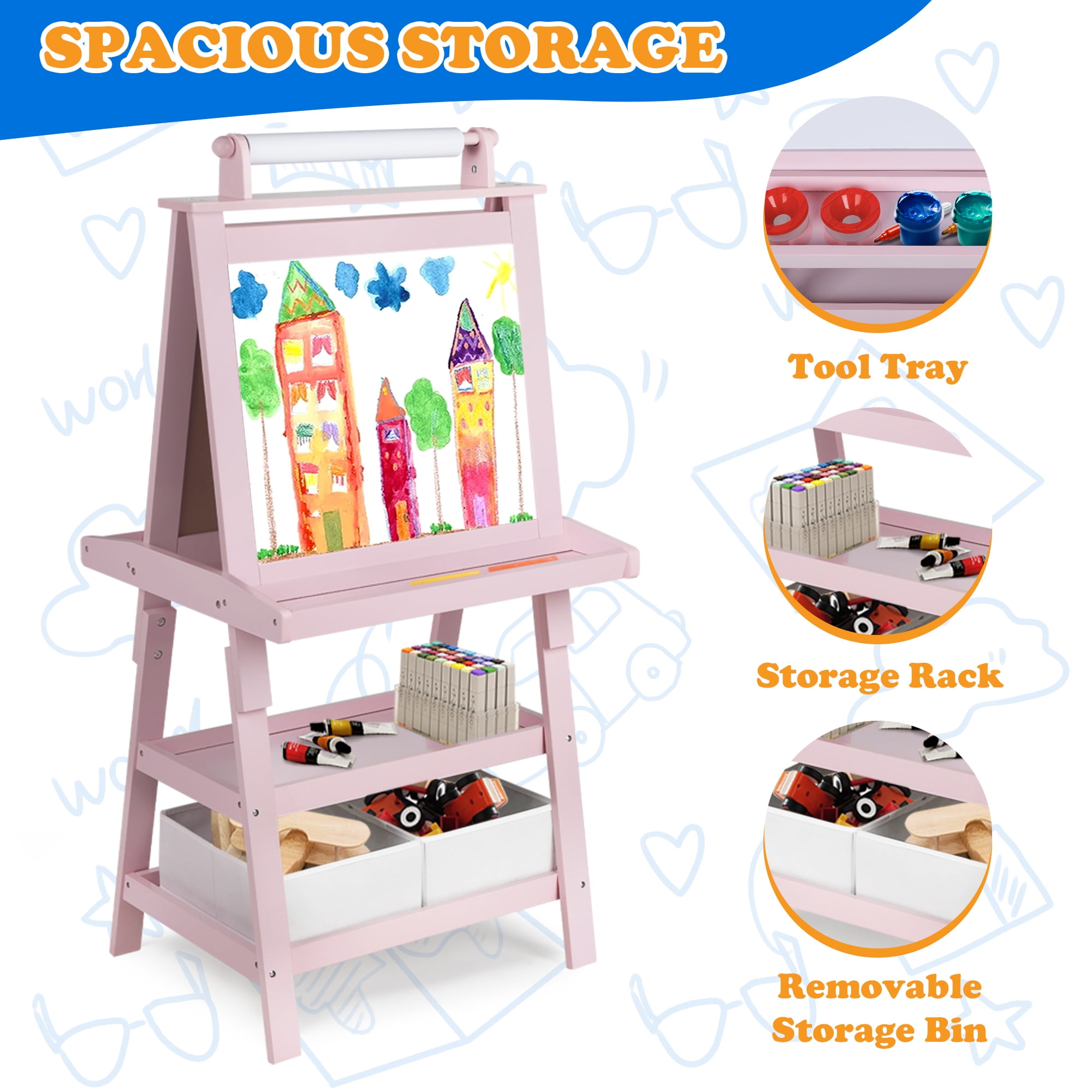 AILEEKISS 3 in 1 Kids Art Easel Double-Sided Magnetic Whiteboard Chalkboard with Paper Roller, Pink
