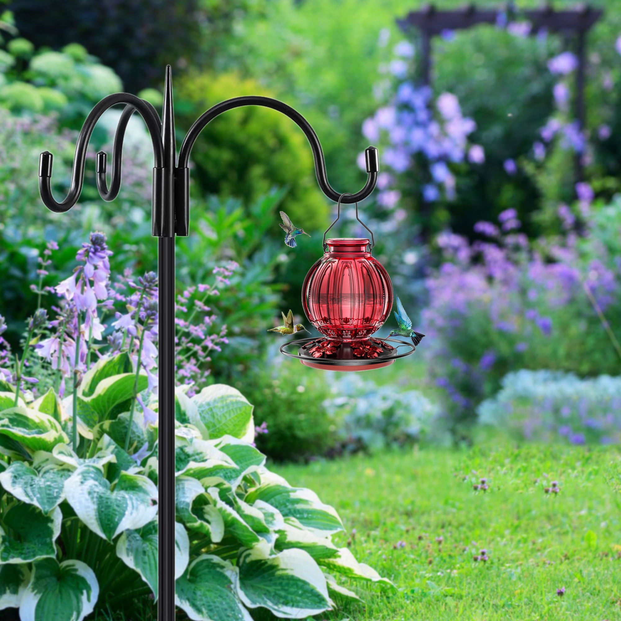 76 Inch Three Shepherd Hooks for Outdoor,Bird Feeder Pole with 5 Prong Base, Adjustable Shepard Hooks for Hanging Plant, Solar Lanterns, Wind Chimes, 2 Pack