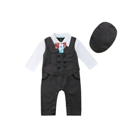 

Infant Baby Boys Gentleman Style Suit Tuxedo Peagent Romper with Beret Hat Wedding Party Formal Clothes Set