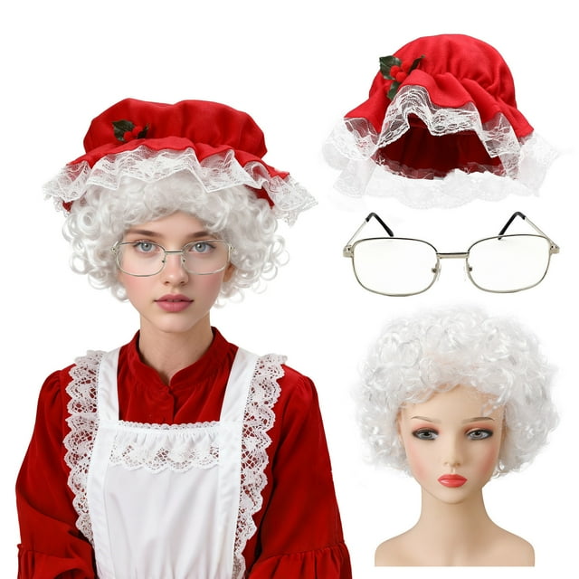 Eoozwa Christmas Costume Set Hat Wig Glasses Gloves Necklace for Holiday Parties Festive Accessory Kit Group Celebration Attire