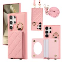 Back Case for Samsung Galaxy S24 Ultra, Stylish Slim Fit Card Holder Kickstand Finger Ring Crossbody Strap, PU Leather   TPU Durable Shockproof Protective Phone Case Cover for Women Girls - Pink