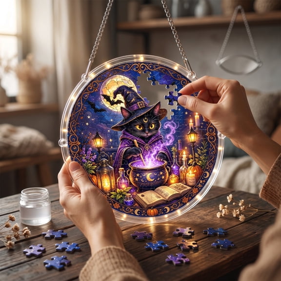 Fmbmuo Halloween Acrylic Puzzle Suncatcher 20cm Ghost And Cat Design For DIY Window And Wall Display