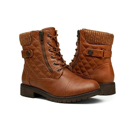 

UKAP Womens Combat Boot Lace Up Ankle Boots Zipper Short Bootie Comfortable Booties Outdoor Non Slip Knitting Collar Light Brown 5.5