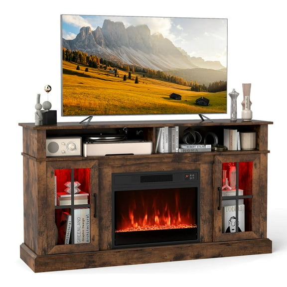 Costway 58" Fireplace TV Stand with LED Lights Entertainment Center for 65 Inch TV Brown