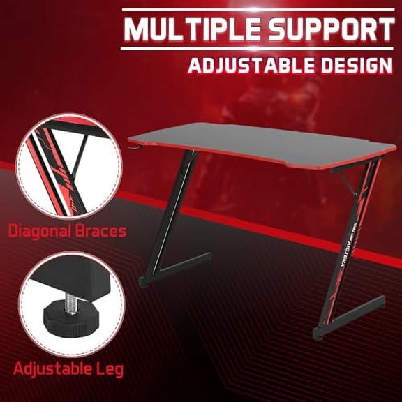 Gaming Desk, Z Shaped 47 Inch Computer Desk, Home Office Desk Standing Desk for Studying, Ergonomic PC Gamer Desk for Working, Gaming Table Desk with Headphone Hook, Red