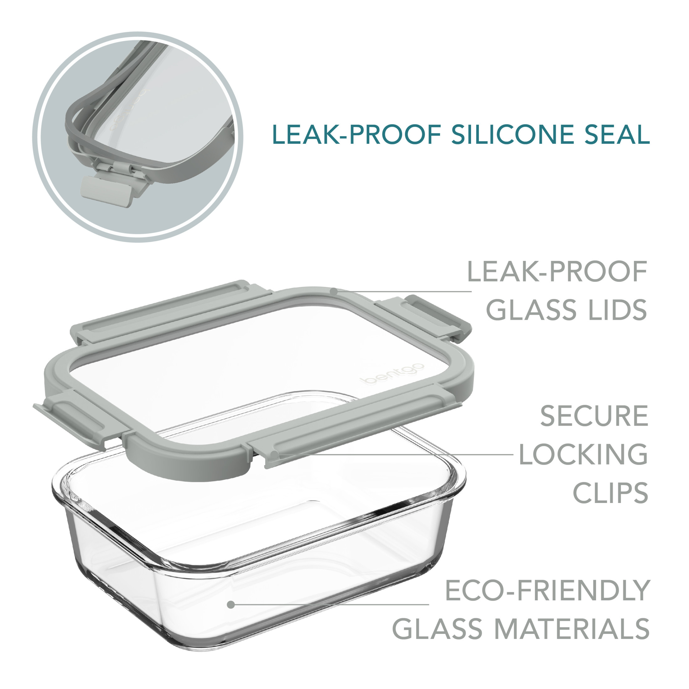 Bentgo® Glass Leak-Proof Food Storage 4-Piece Set (Two 6.3 Cup Containers) Durable 1-Compartment Food Storage Containers & Airtight Locking Lids (Pebble/Stone)