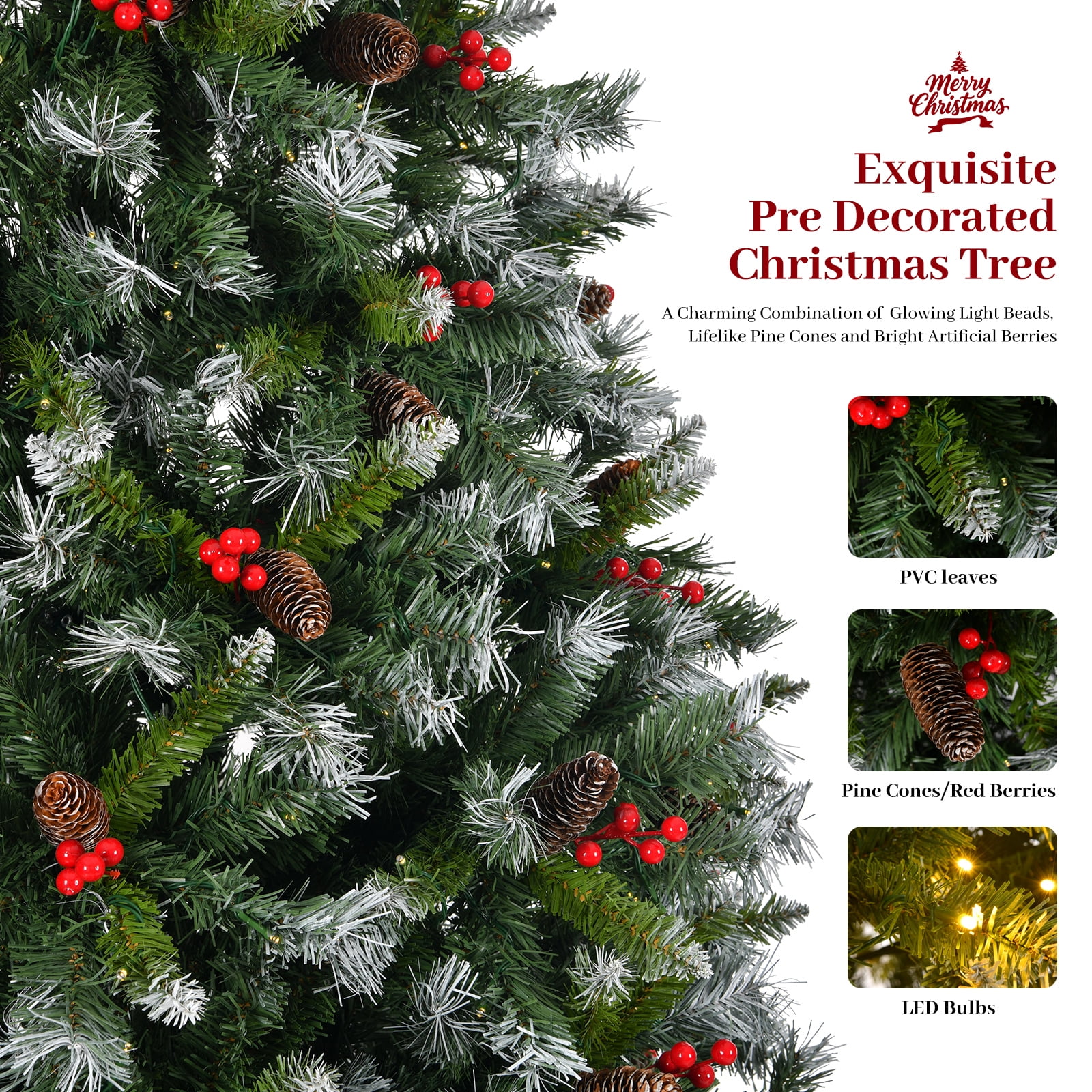 Pre-Lit Artificial Christmas Tree 7.5 ft Green PVC with Lights, Berries, Pinecones