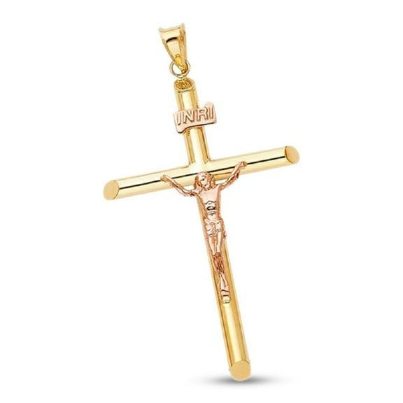 Jesus INRI Pendant 14k Yellow Rose Gold Cross Crucifix Charm Solid Genuine Two Tone 48 x 32 mm