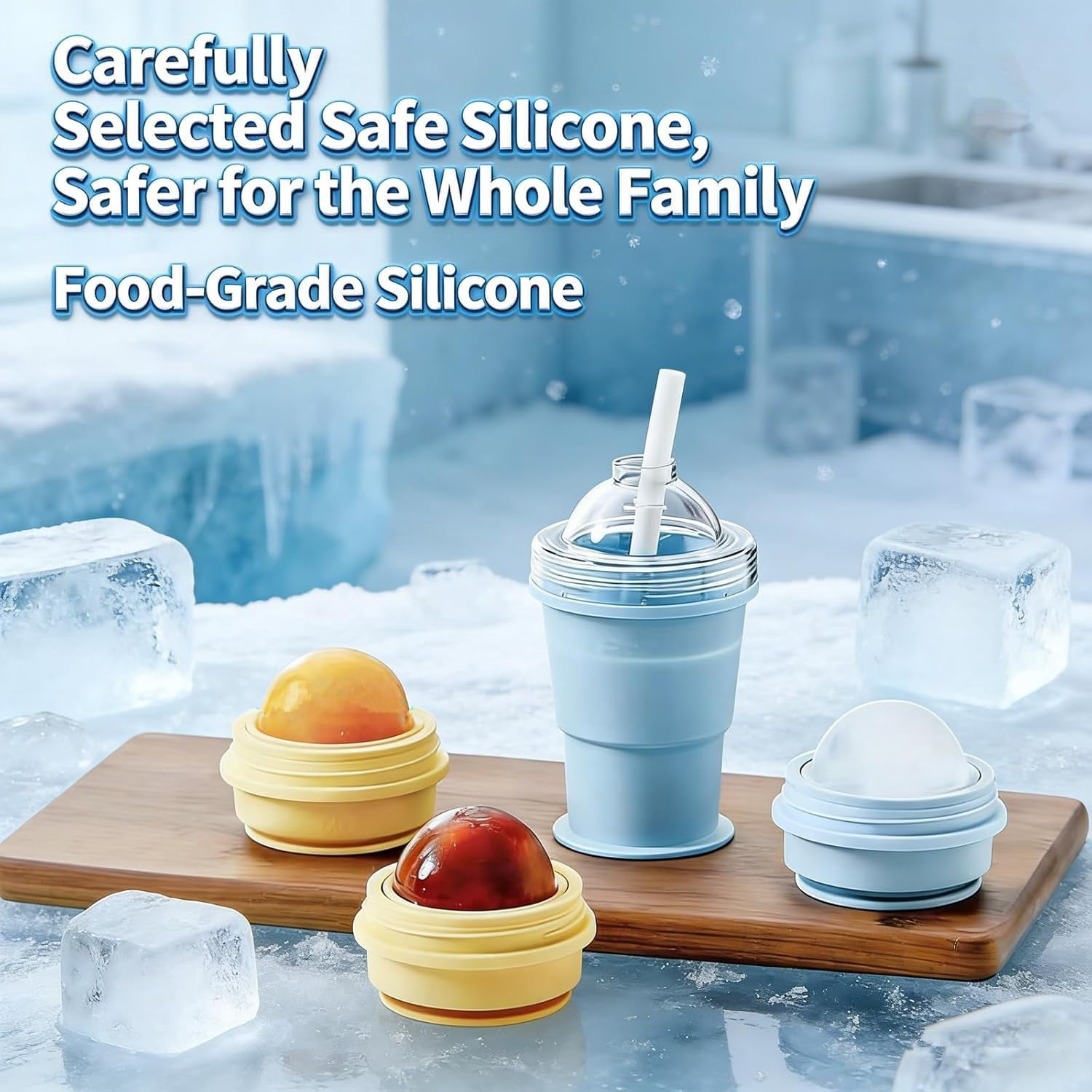 2-in-1 Collapsible Silicone Ice Ball Maker Cup 325 ml Silicone Ice Sphere Mold with Lid and Straw for Travel Drinks