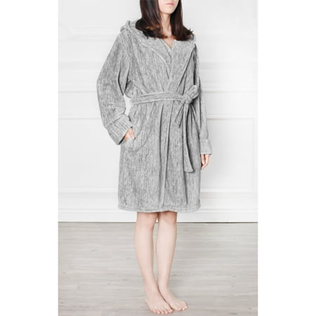 Premium Women's Fleece Hooded Robe Bathrobe by Pavilia | Super Soft, Side Pockets, Lightweight Microfiber, Luxurious (Charcoal)(Small/Medium)