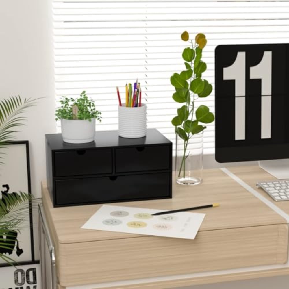 Bamboo Desk Organizer - Mini Bamboo Desk Drawer Tabletop Cosmetic Storage Organization for Office or Home Black