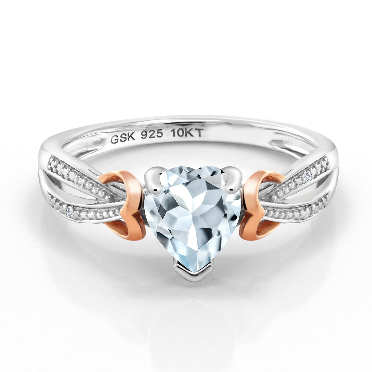 Gem Stone King 925 Sterling Silver and 10K Rose Gold Aquamarine and Accent Diamond Ring for Women (0.68 Cttw, Heart Shape 6MM, Gemstone Birthstone, Available in Size 5, 6, 7, 8, 9)
