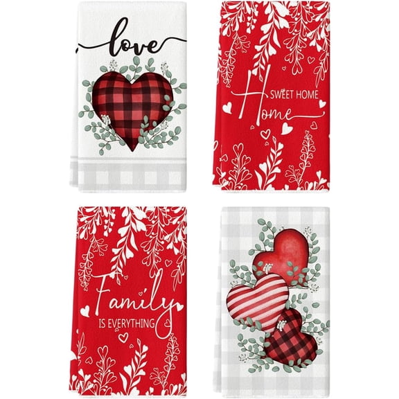 Red Buffalo Plaid Heart Love Valentine''s Day Kitchen Towels Dish Towels, 18x26 Inch Farmhouse Wedding Decoration Hand Towels Set of 4