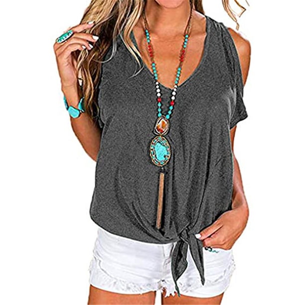 Sonducket Camiseta de mujer con cuello en V y hombros descubiertos, blusa informal de manga corta, negro, 3XL Prendas para la parte del cuerpo Gris oscuro M