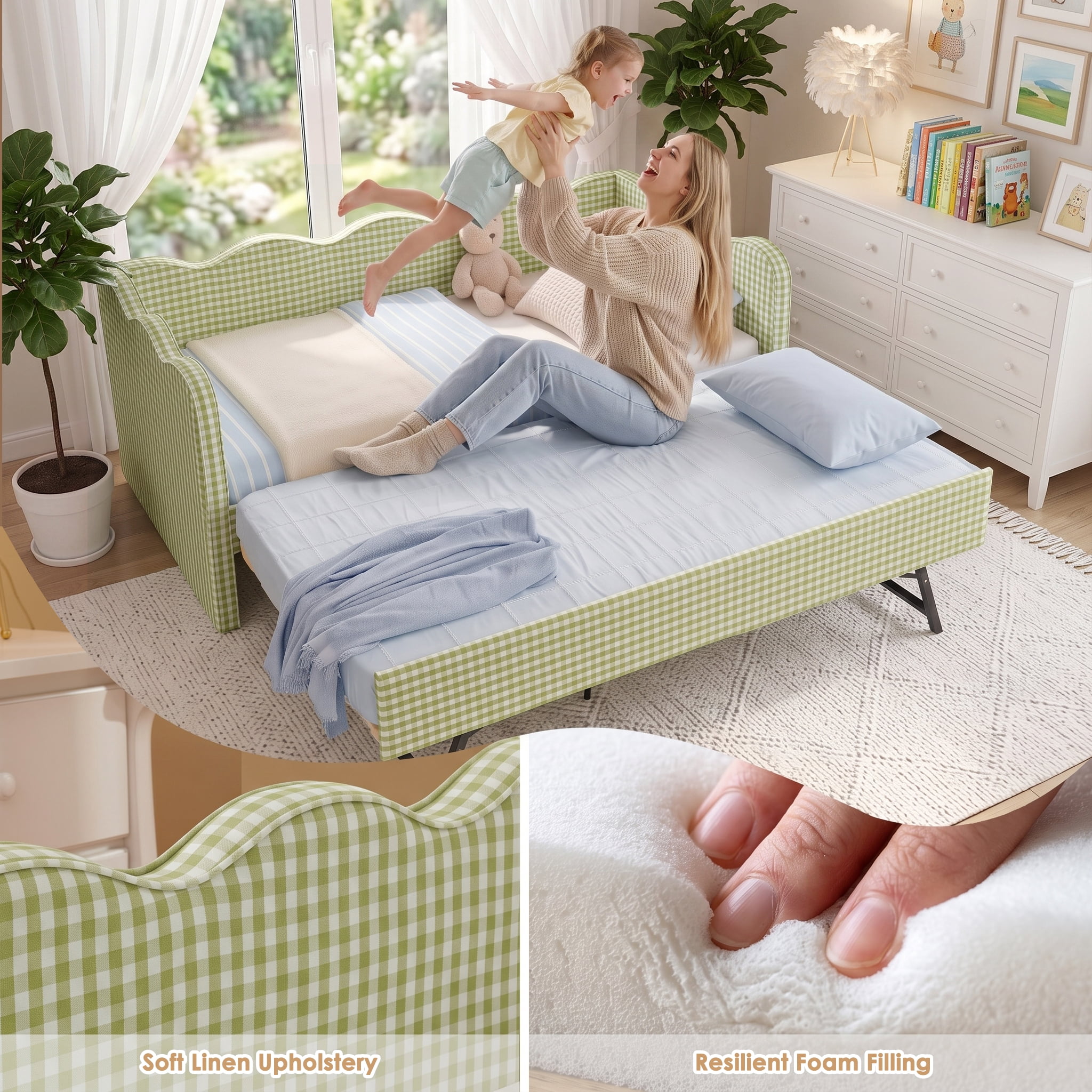 avobird Cozy Gingham Daybed with Trundle Twin Size Sofa Bed for Living Room, Sleeper Sofa with USB Port and Adorable Wave Shaped, Linen Fabric, Green
