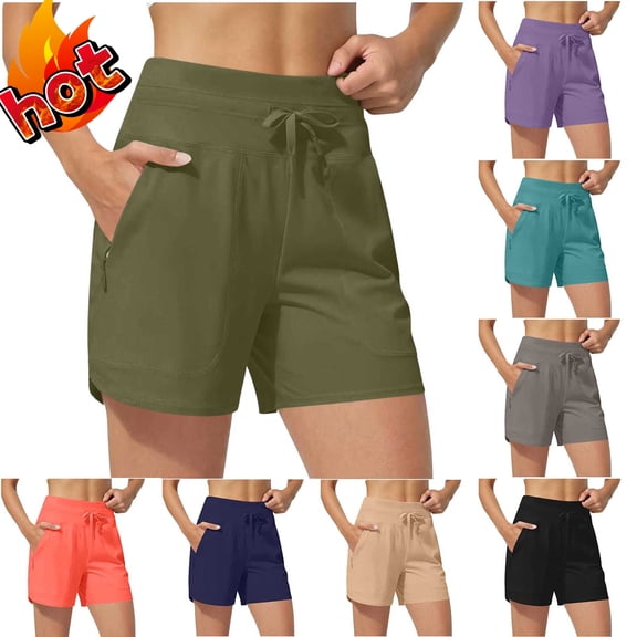 Taqqpue Athletic Shorts for Women Solid Color Running Workout Quick Dry Shorts Elastic High Waist Shorts with Pockets