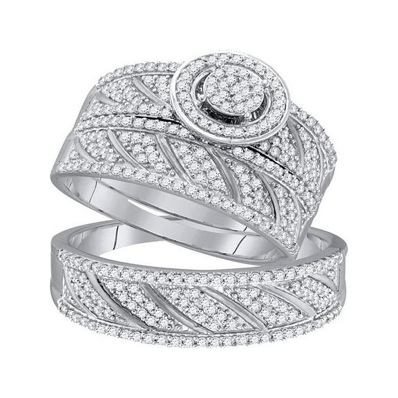 10kt White Gold His & Hers Round Diamond Cluster Matching Bridal Wedding Ring Band Set 1.00 Cttw