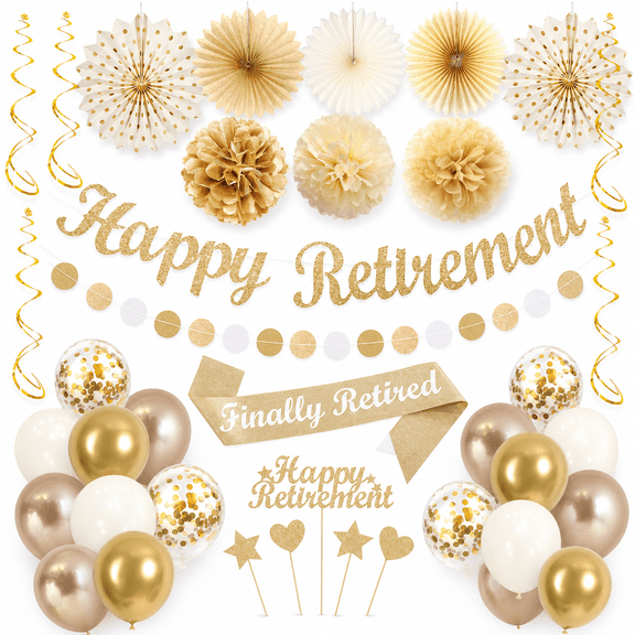 Retirement Decorations Kit, Champagne Gold Happy Retirement Banner Swirls Party Supplies Set for Men Women