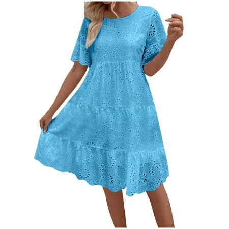 Nxznwn Women s Summer Dresses Lace Eyelet Short Sleeve Crewneck Tiered Midi Dress Ruffle Hem Babydoll Short Dress