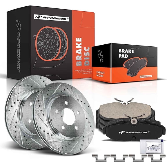 A-Premium 11.82 inch (300mm) Rear Drilled and Slotted Disc Brake Rotors   Ceramic Pads Kit Compatible with Select Ford Models - For Mustang 2005-2011, 6-PC Set