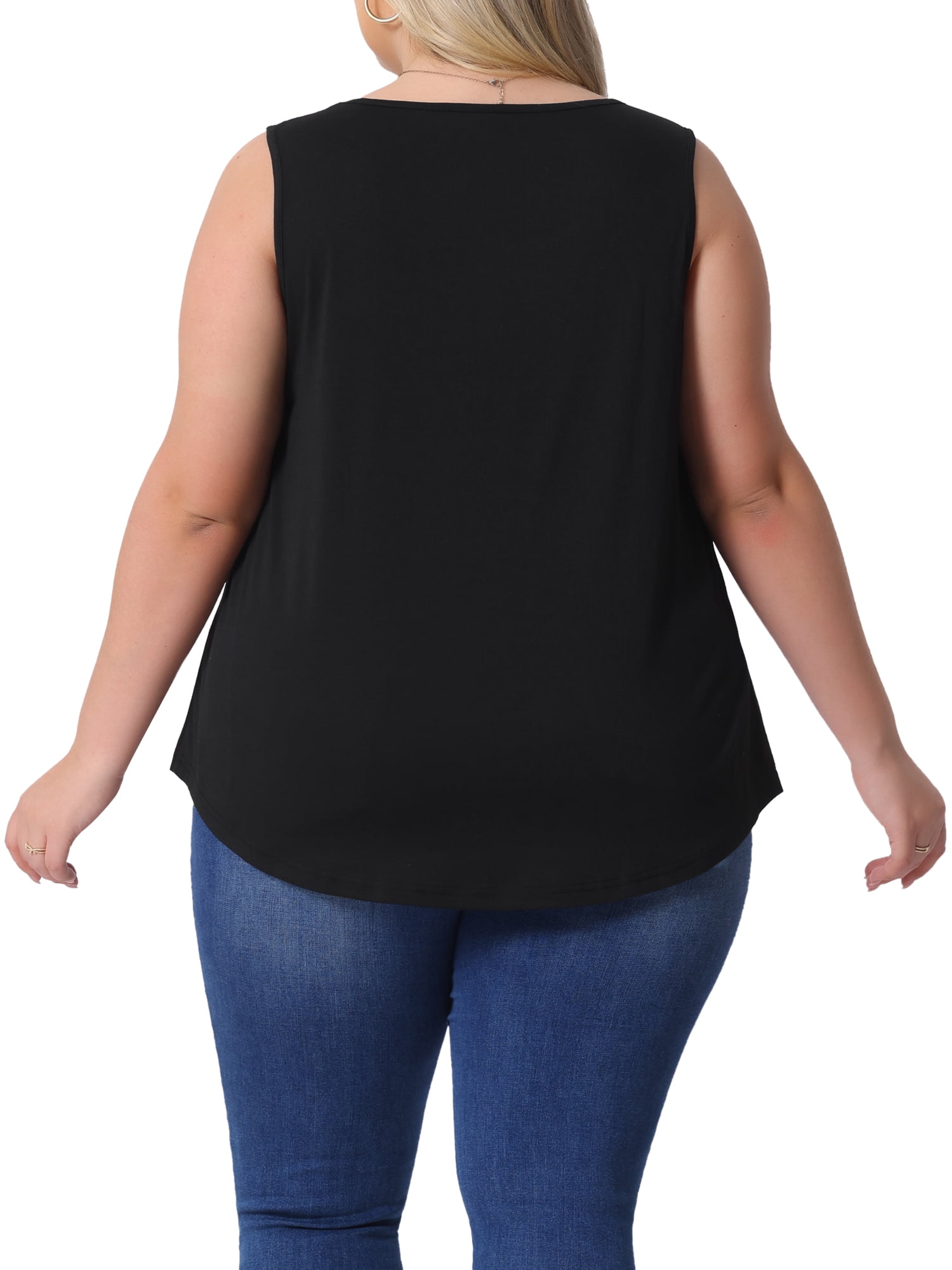 DARING DIVA Women's Plus Crew Neck Boho Pleated Curved Hem Tank Top Blouse 2X Black