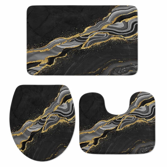 Black Gold Marble Bathroom Rugs Set Grey Luxury Modern Abstract Wave Texture Non Slip Absorbent Soft Bath Mats 3 Piece Set with Bathroom Rug, U-Shaped Floor Mat, Toilet Seat Cover Small Size
