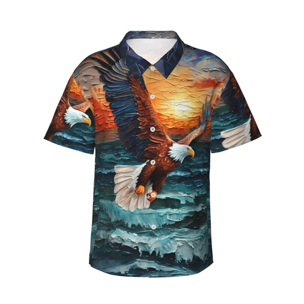 Fotbe Textured Bald Eagle Camisa Hawaiana para Hombre Unisex – Camisa Casual de Verano con Botones de Manga Corta de Algodón y Lino,Medium