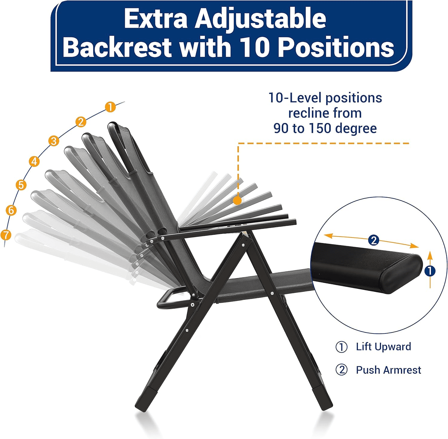 Amopatio Outdoor Folding Patio Sling Chairs Set of 4, Adjustable Recliner for adult, for Outdoor Camping Garden,300LB