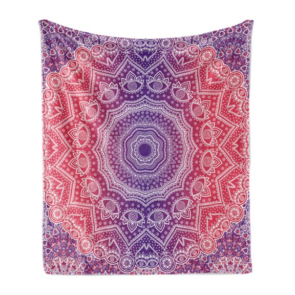 Pink and Purple Soft Flannel Fleece Throw Blanket, Vintage Art in Mandala Print Ombre Myriad Realms Geometry Design, Cozy Plush for Indoor and Outdoor Use, 50" x 60", Violet Hot Pink, by Ambesonne